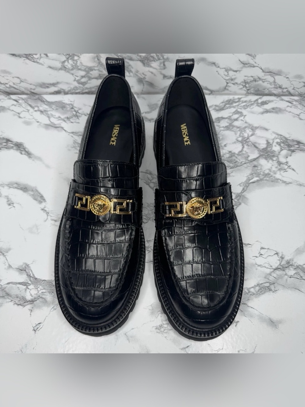 Versace Black Croc-Embossed Leather Loafers with Gold Medallion Accent